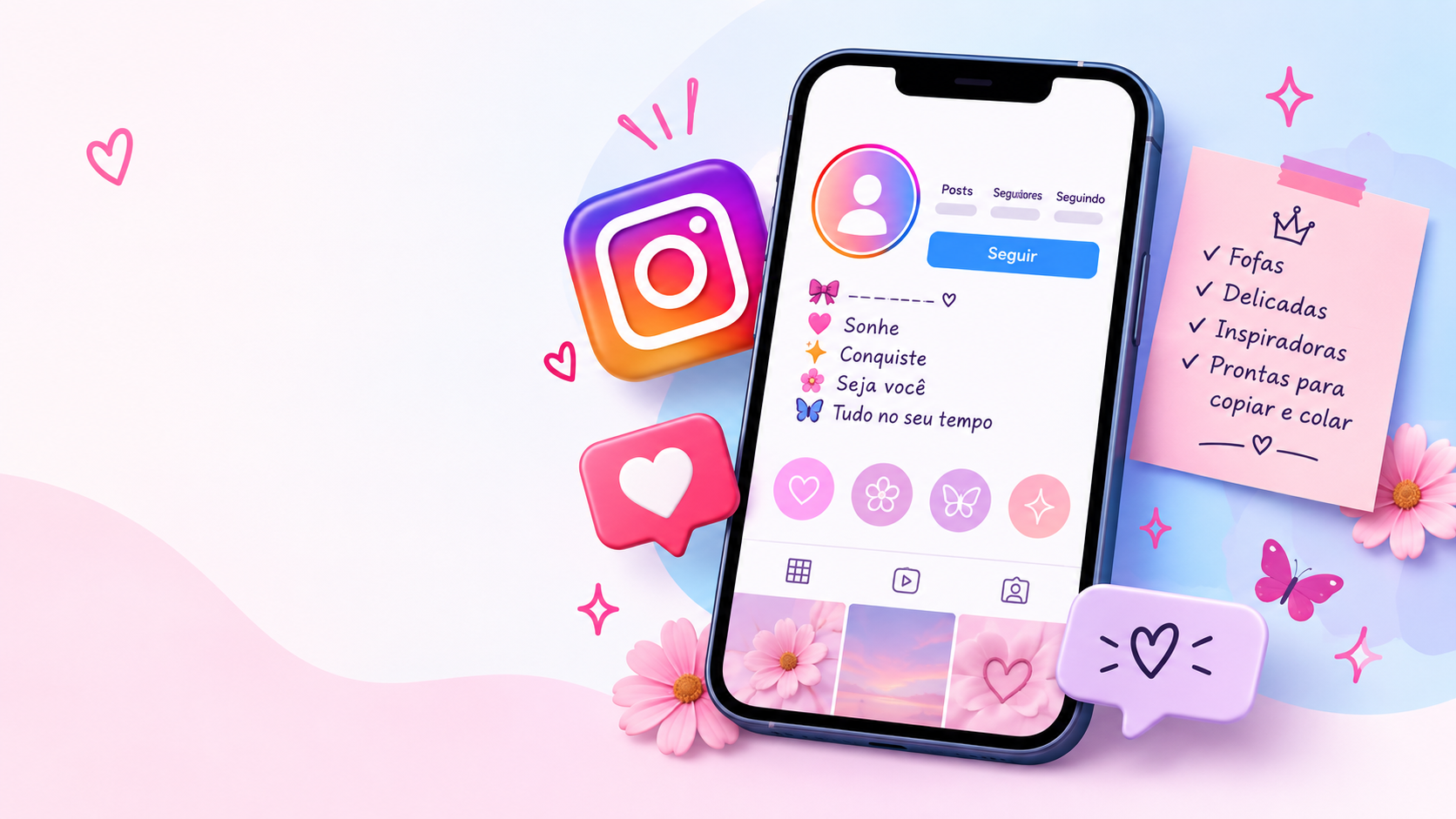Bio paty no Instagram com letras cursivas e emojis de laço e coração